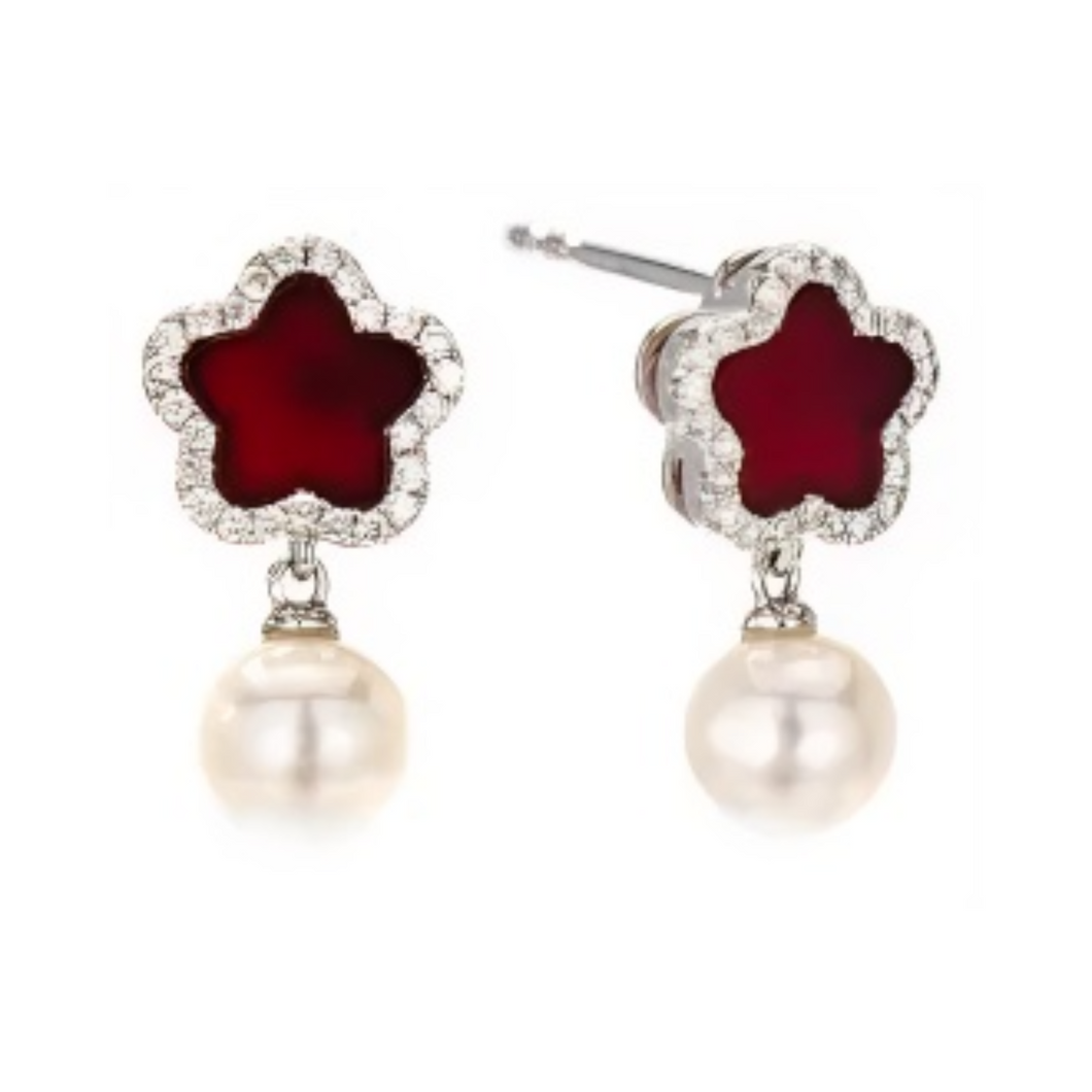 PEARL & DIAMOND JEWELLERY RED AGATE STONE EARRINGS