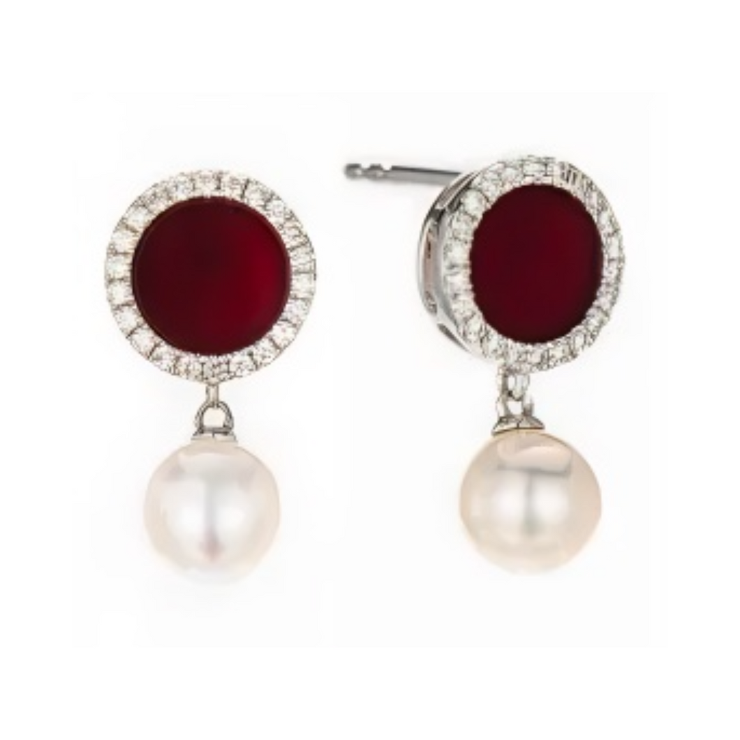 PEARL & DIAMOND JEWELLERY RED AGATE STONE EARRINGS